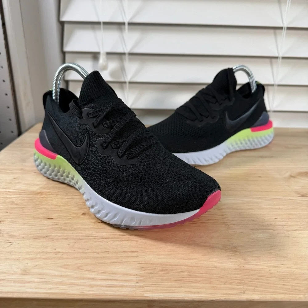 Nike Epic React Flyknit 2 Sneakers Mens Black Low Top Running Athletic Shoes - 8